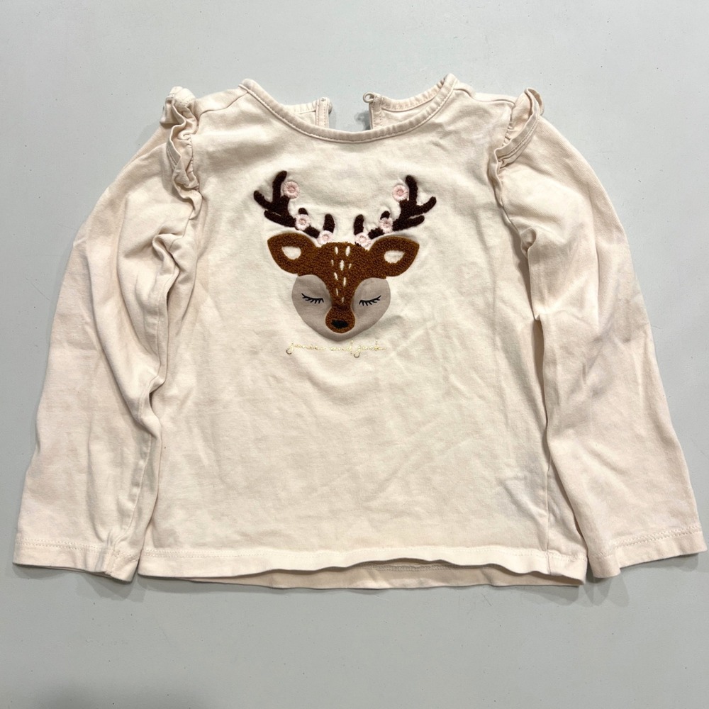 Janie and‎ Jack Deer Embroidered Top Girl 3T Ivory Ruffle Long Sleeve Cotton